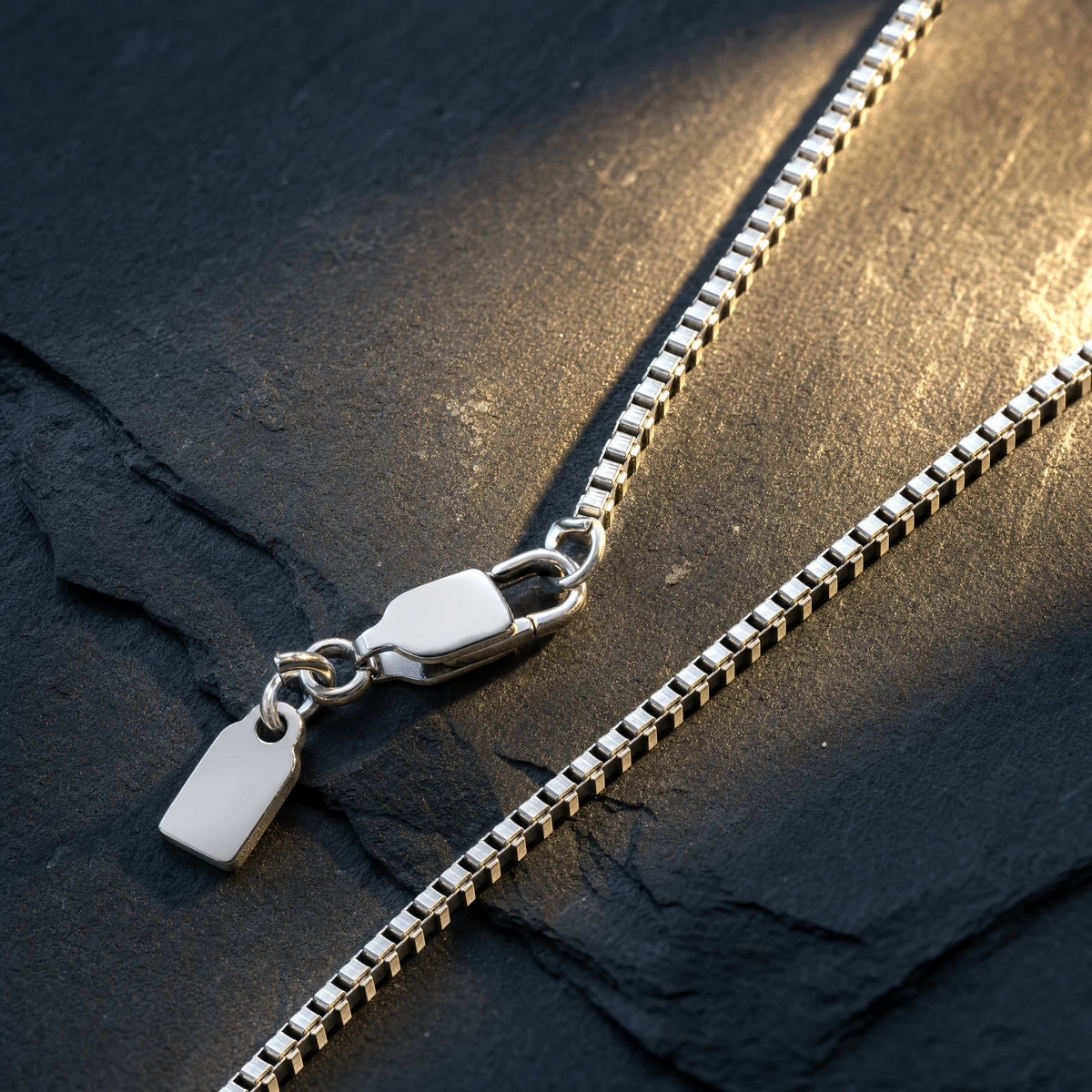 Structured Serpentine Chain 1.3 MM – men's silver-tone box chain with lobster clasp and tag