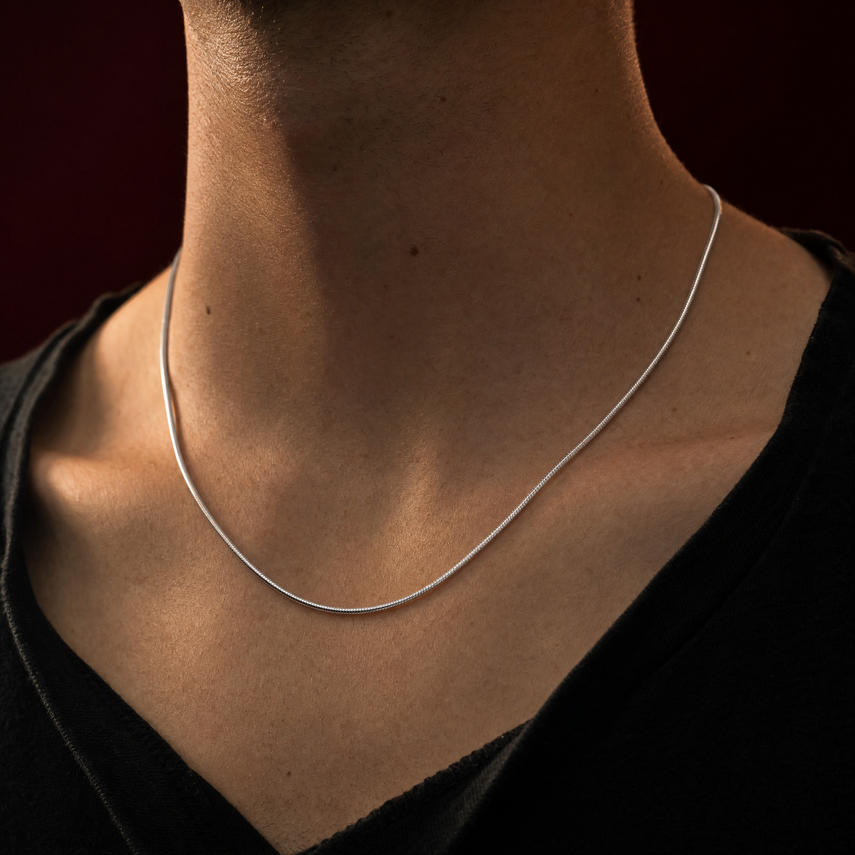 Polished Serpentine Chain 1.2 MM in silver worn on the neck